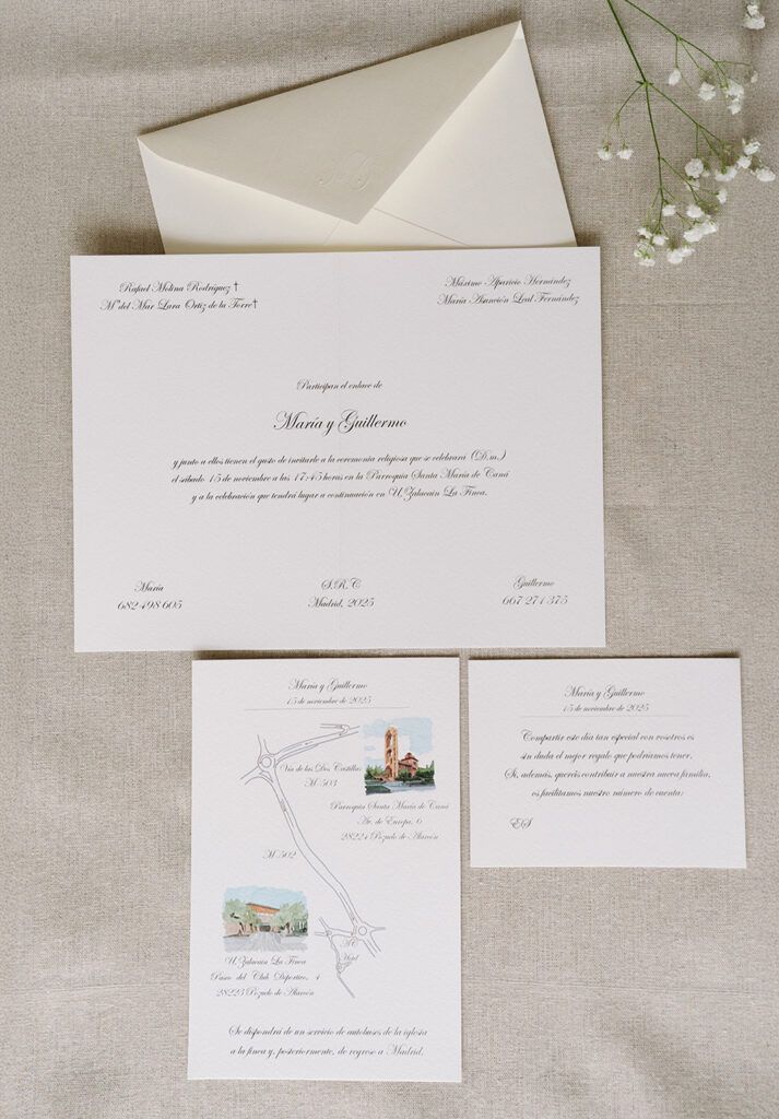 Invitación de boda personalizada con papelería artesanal y diseño ilustrado