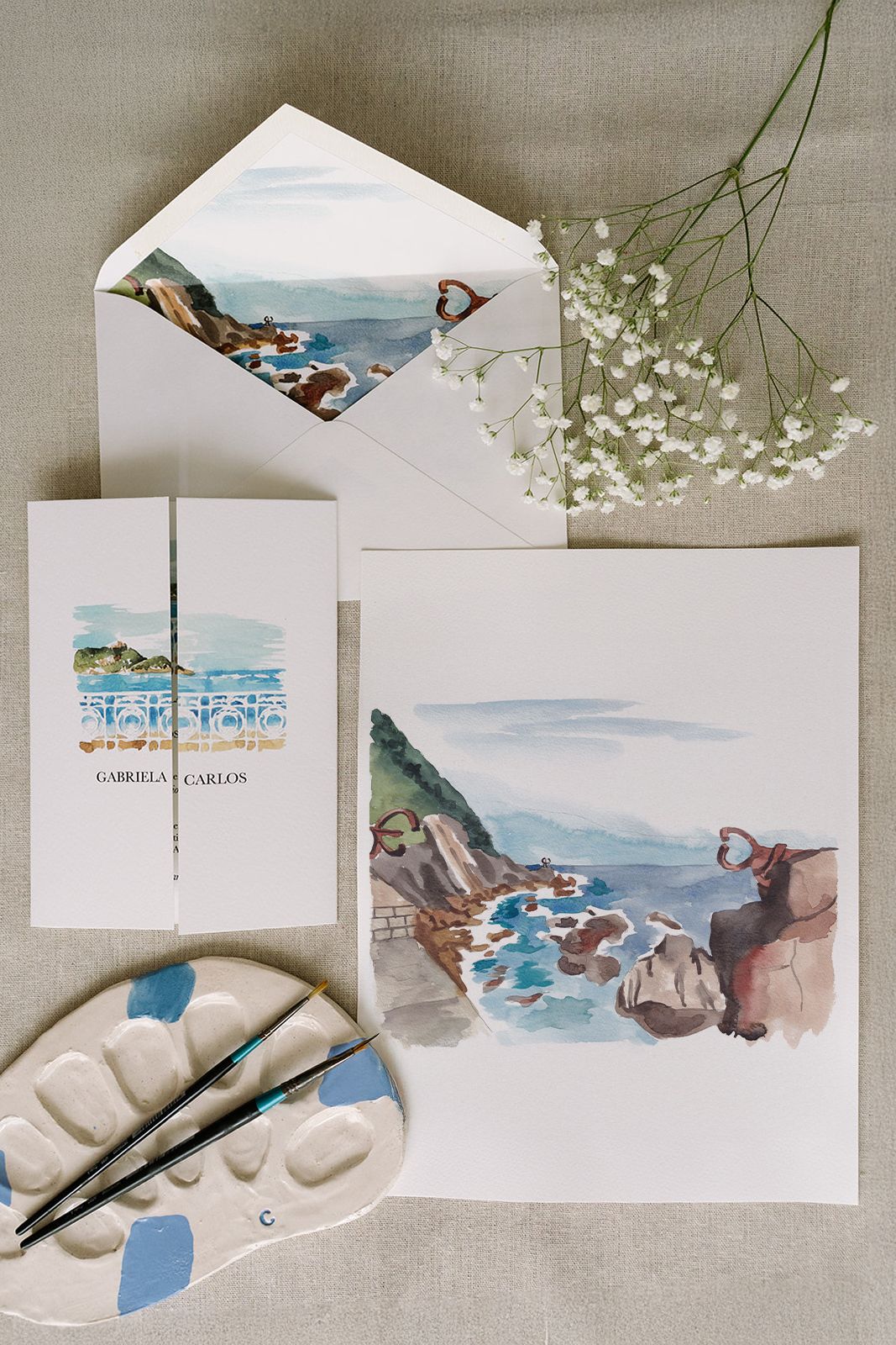 Invitación de boda personalizada con ilustración inspirada en San Sebastián