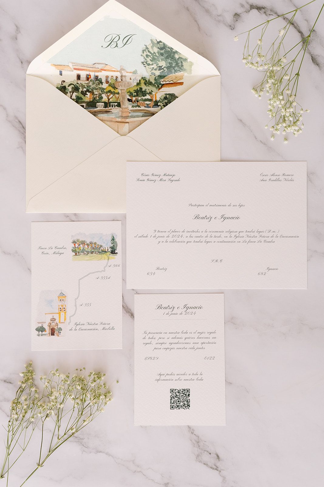 Invitación de boda personalizada con diseño ilustrado y papelería artesanal
