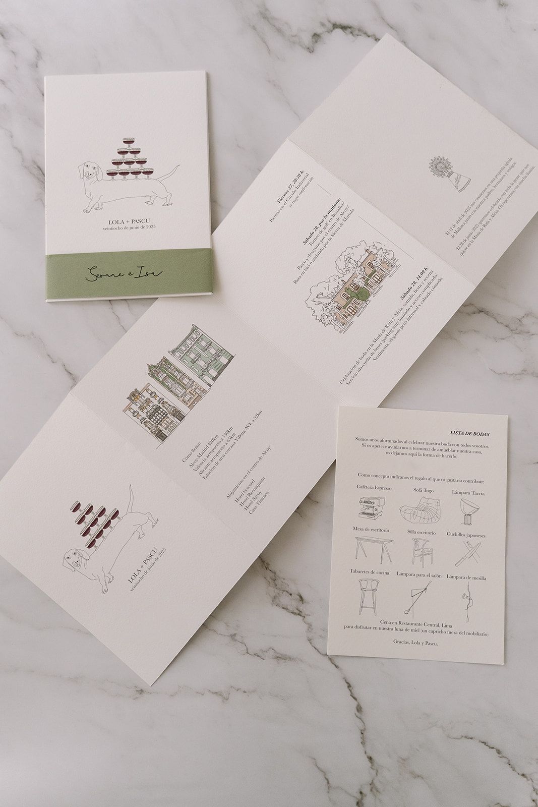 Invitación de boda personalizada con diseño ilustrado y papelería artesanal