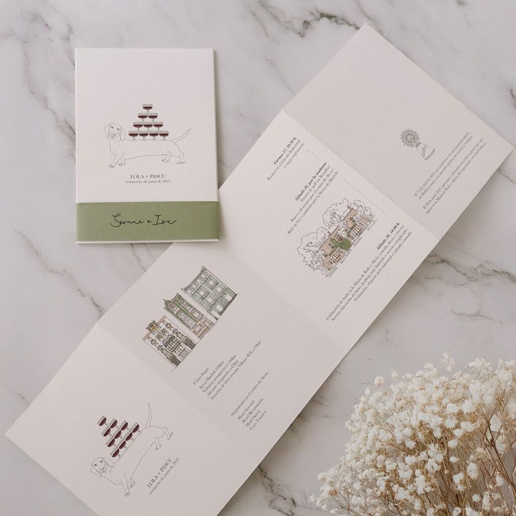 Invitación de boda personalizada con diseño ilustrado y papelería artesanal