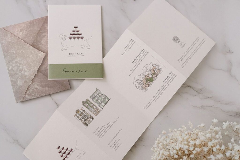 Invitación de boda personalizada con diseño ilustrado y papelería artesanal