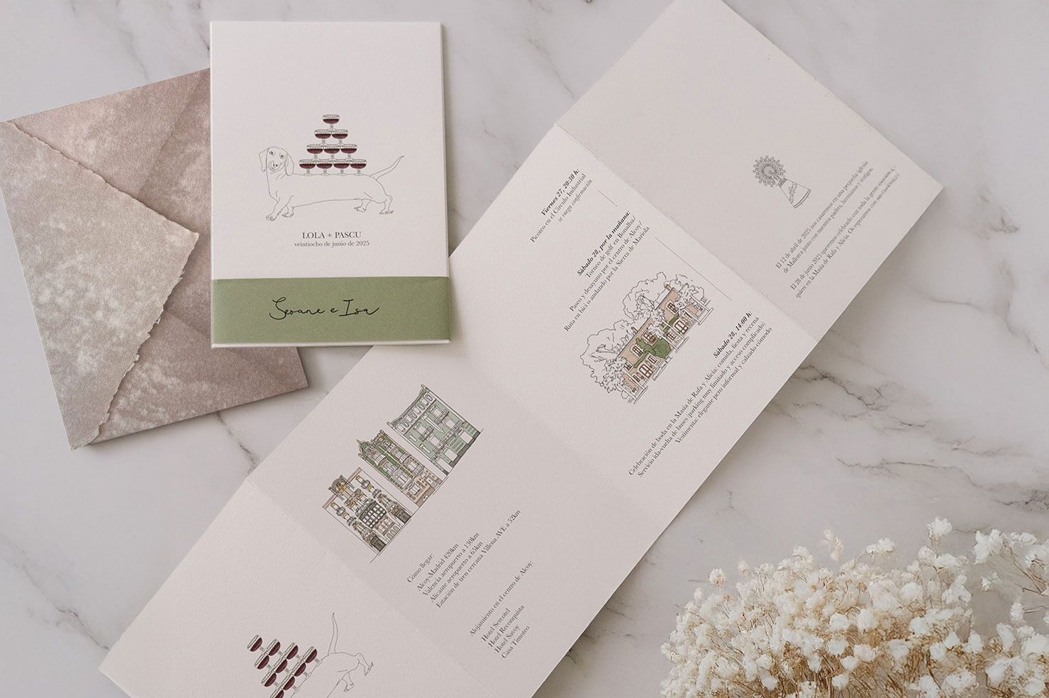 Invitación de boda personalizada con diseño ilustrado y papelería artesanal