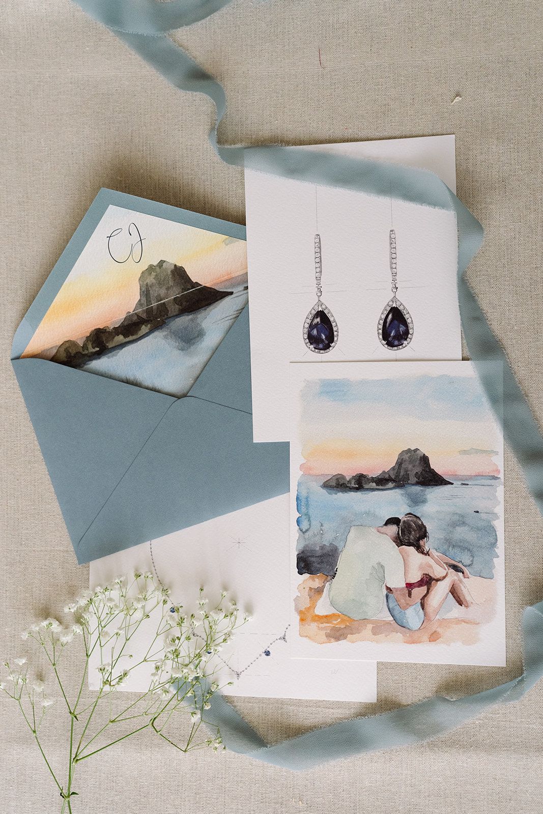 Invitación de boda personalizada con ilustración y papelería a juego