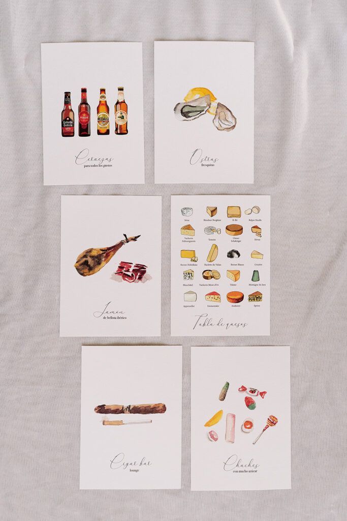 Papelería para rincones de boda personalizada con ilustraciones