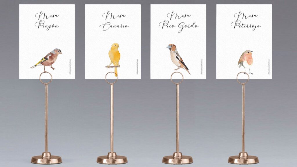 Meseros de boda personalizados con temática pájaros
