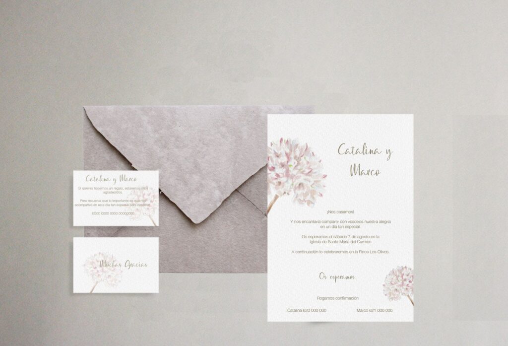 invitación de boda flor biznaga artesanal elegante