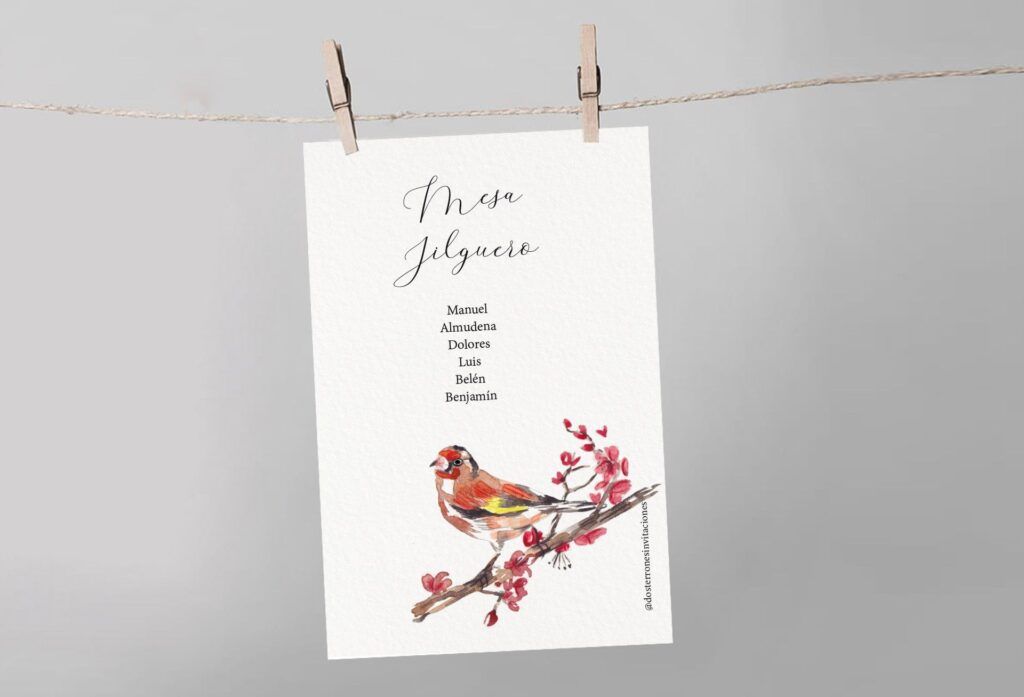 Meseros de boda personalizados con temática de pájaros