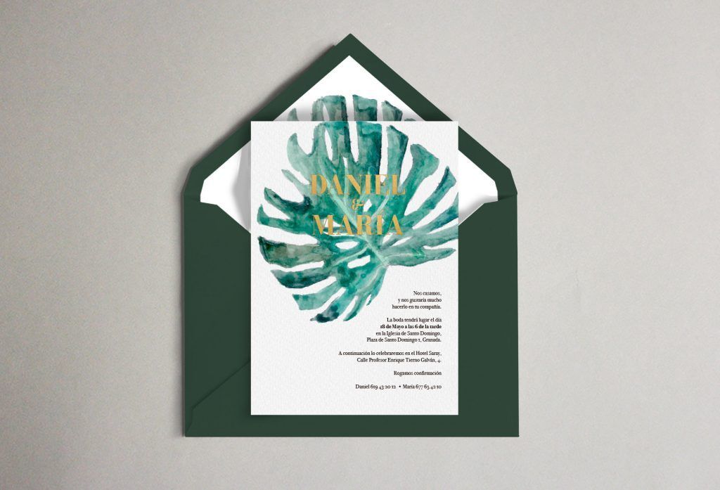 sobre invitaciones montsera hoja boda