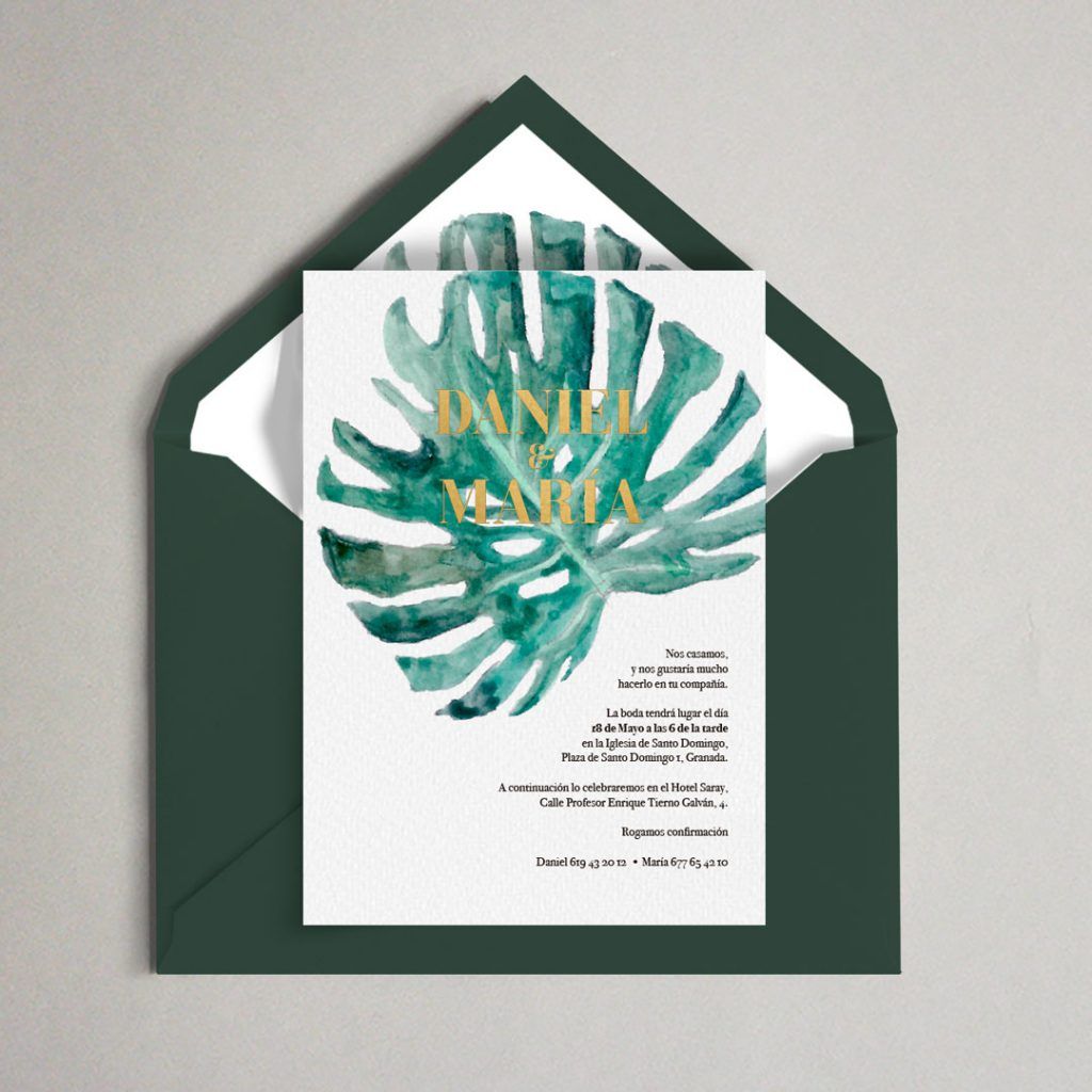 sobre invitaciones montsera hoja boda