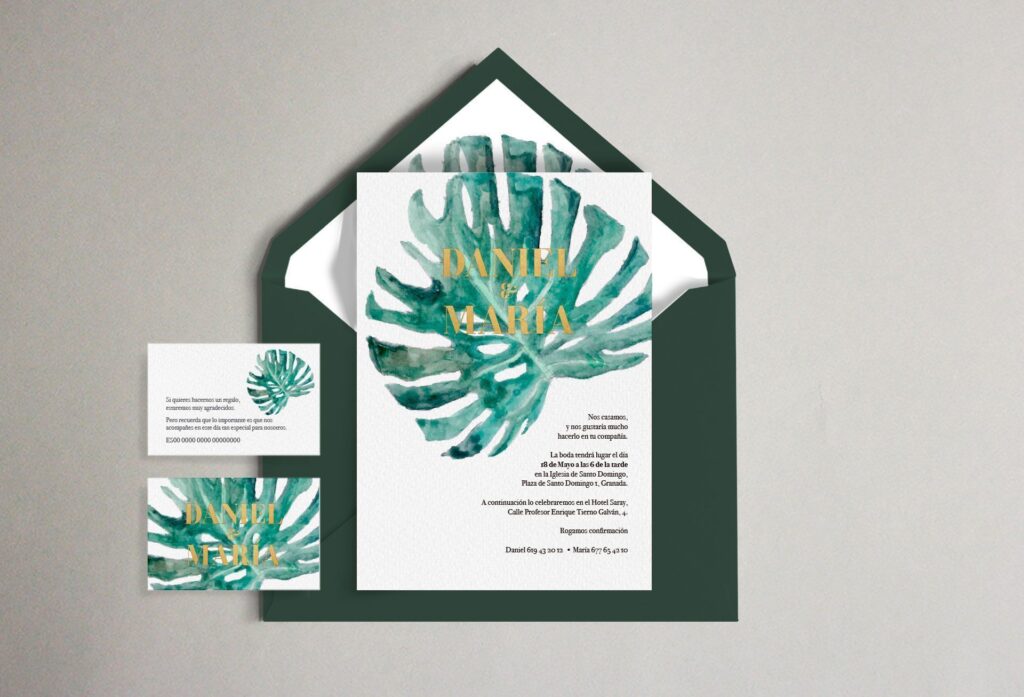 sobre invitaciones montsera hoja boda