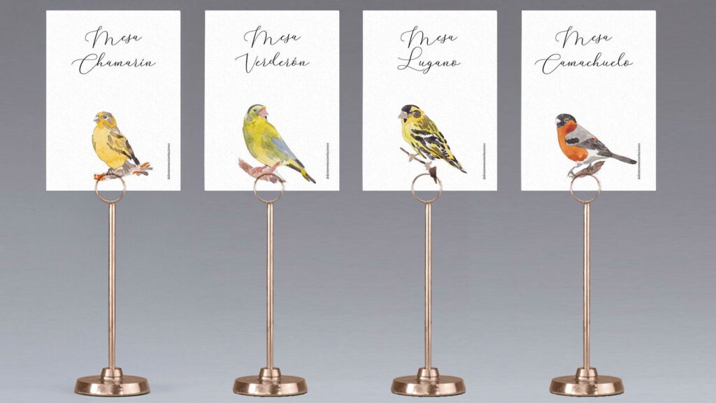 Meseros de boda personalizados con temática pájaros