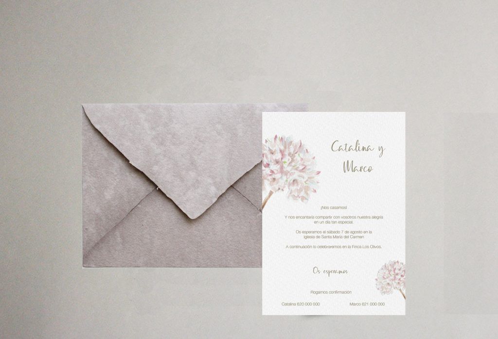 invitación de boda flor biznaga artesanal elegante
