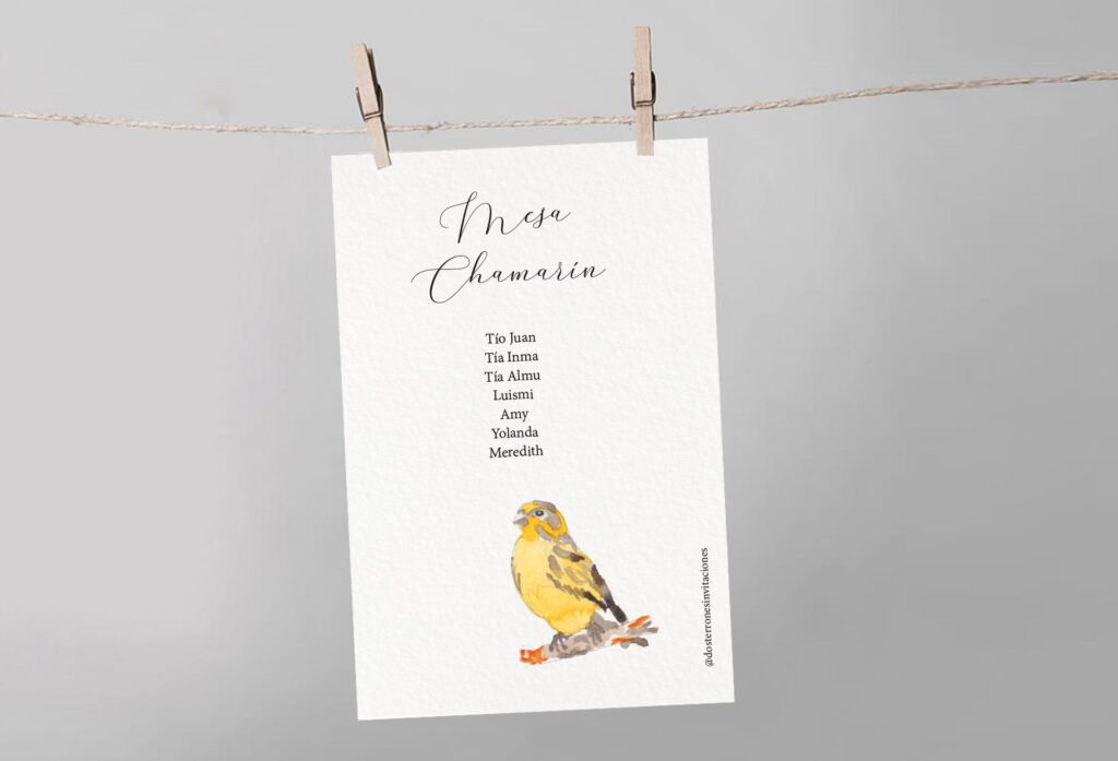 Meseros de boda personalizados con temática de pájaros