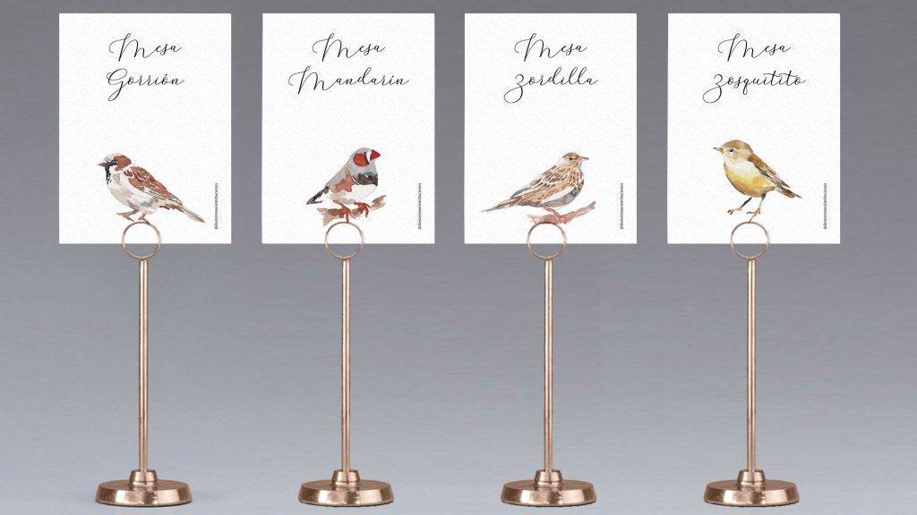Meseros de boda personalizados con temática de pájaros