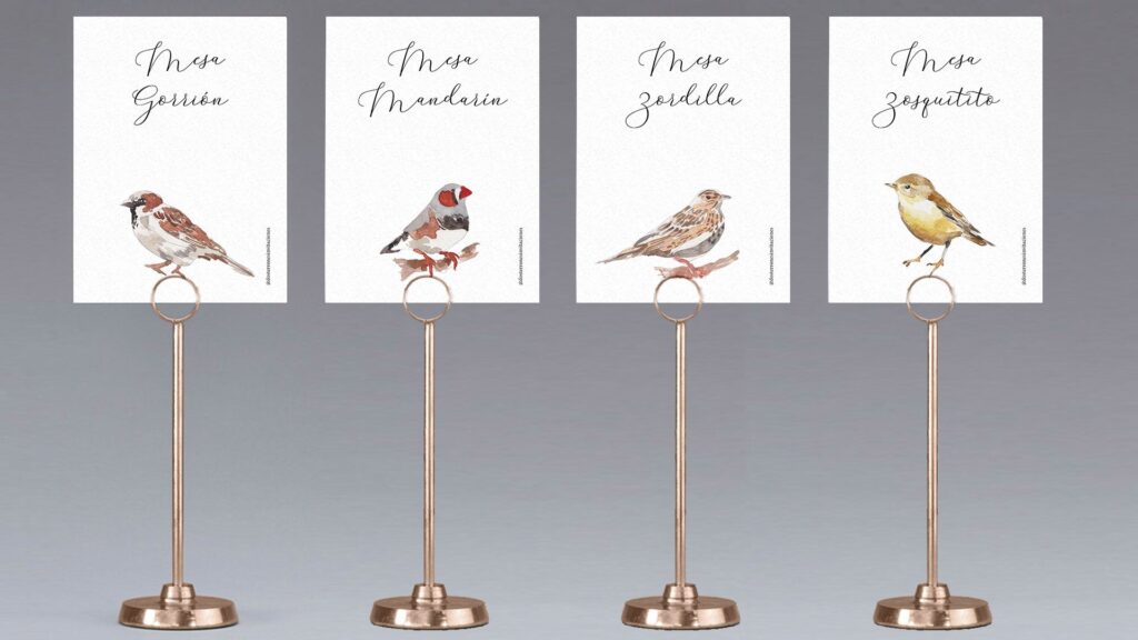 Meseros de boda personalizados con temática pájaros
