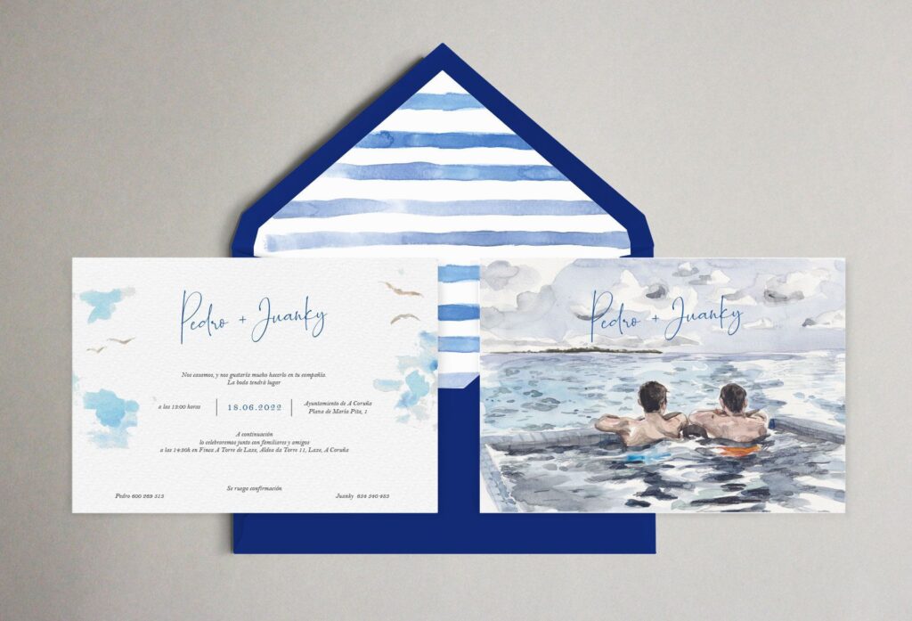 Invitación de boda marinera gay mar personalizada