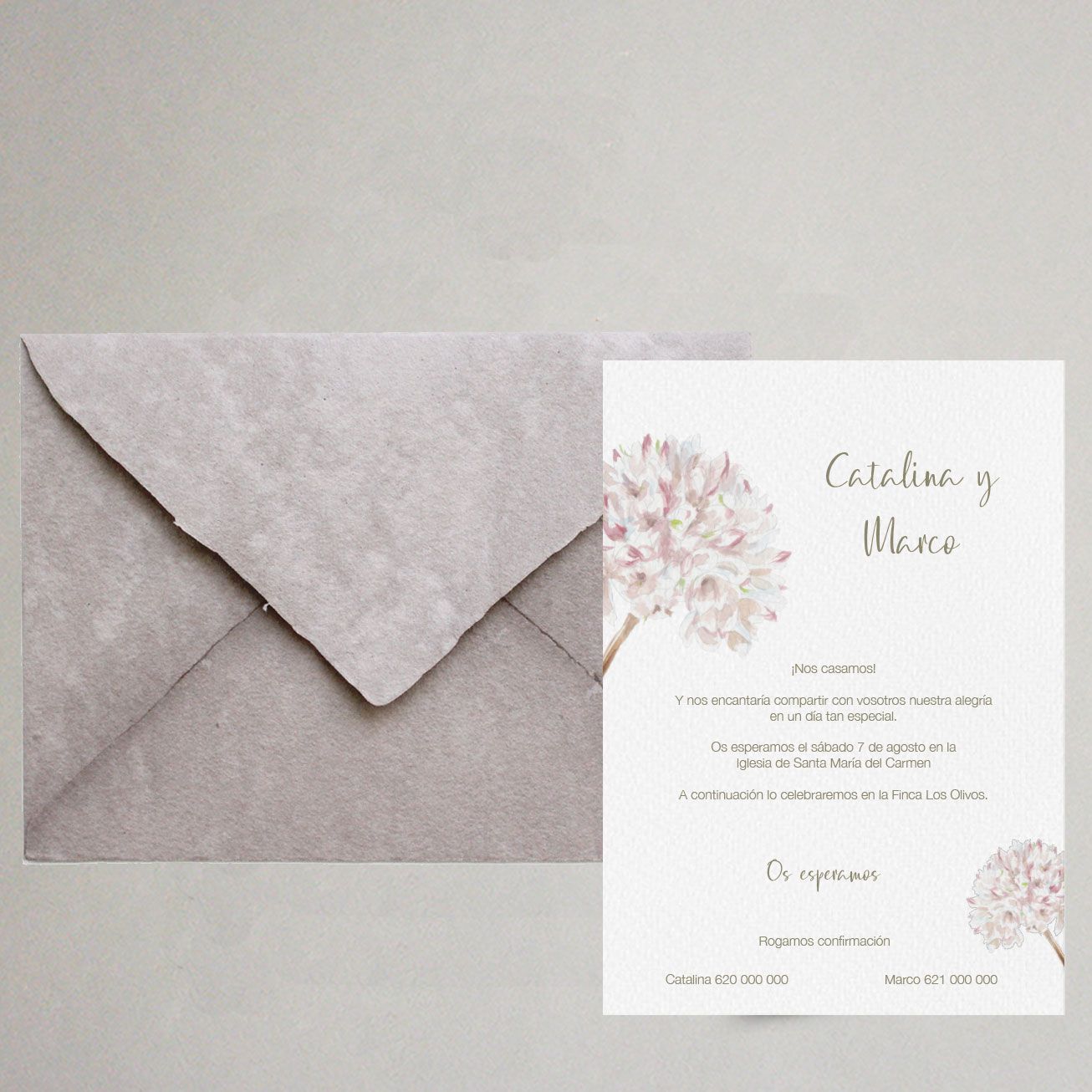 invitación de boda flor biznaga artesanal elegante