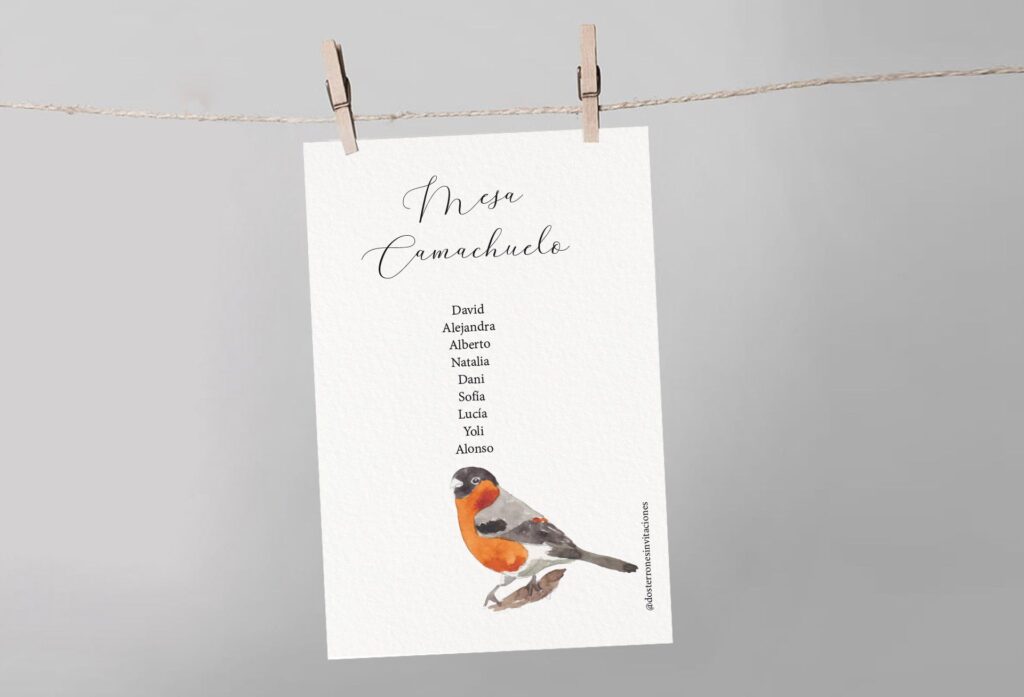 Meseros de boda personalizados con temática de pájaros