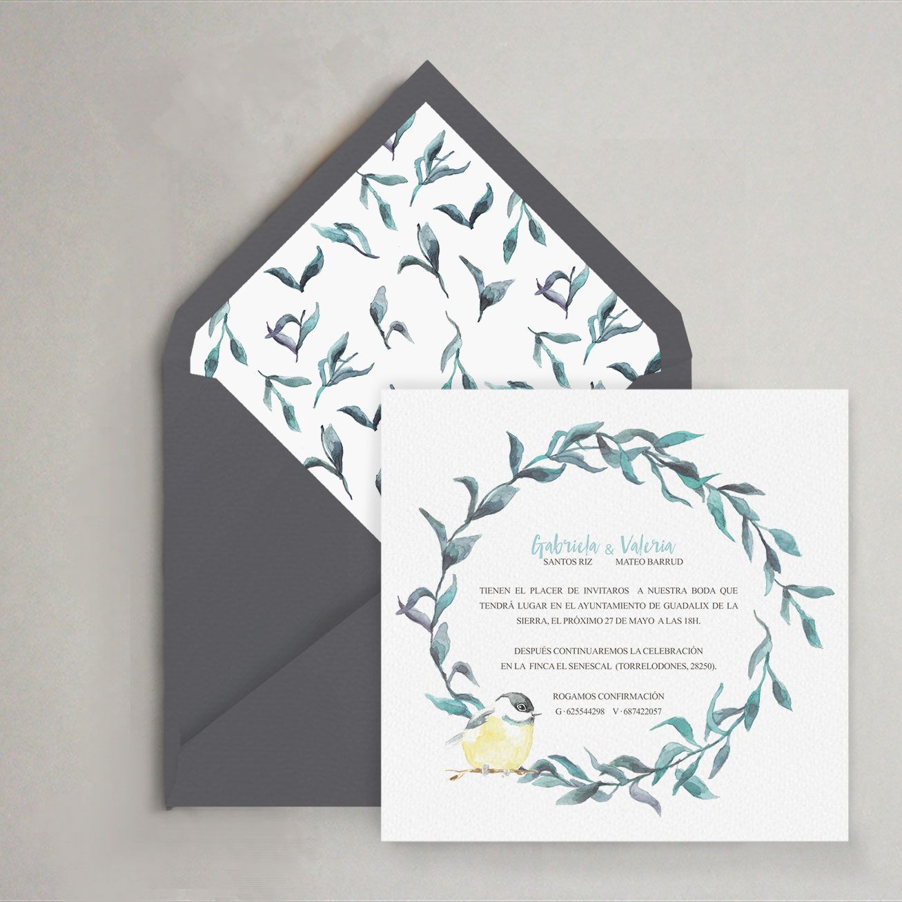 Invitación de boda personalizada con motivos de hojas y florales