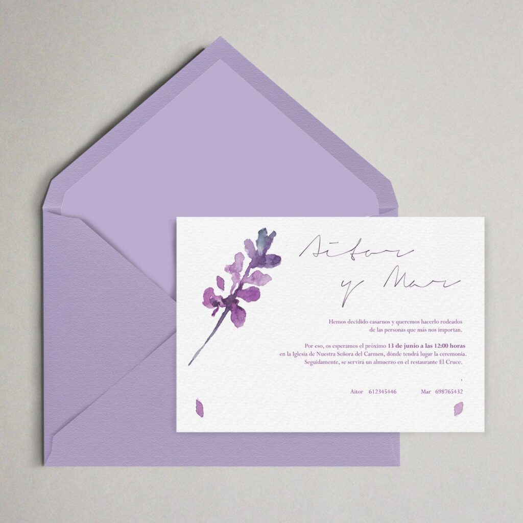 invitación boda lavanda flor desdibujada acuarela