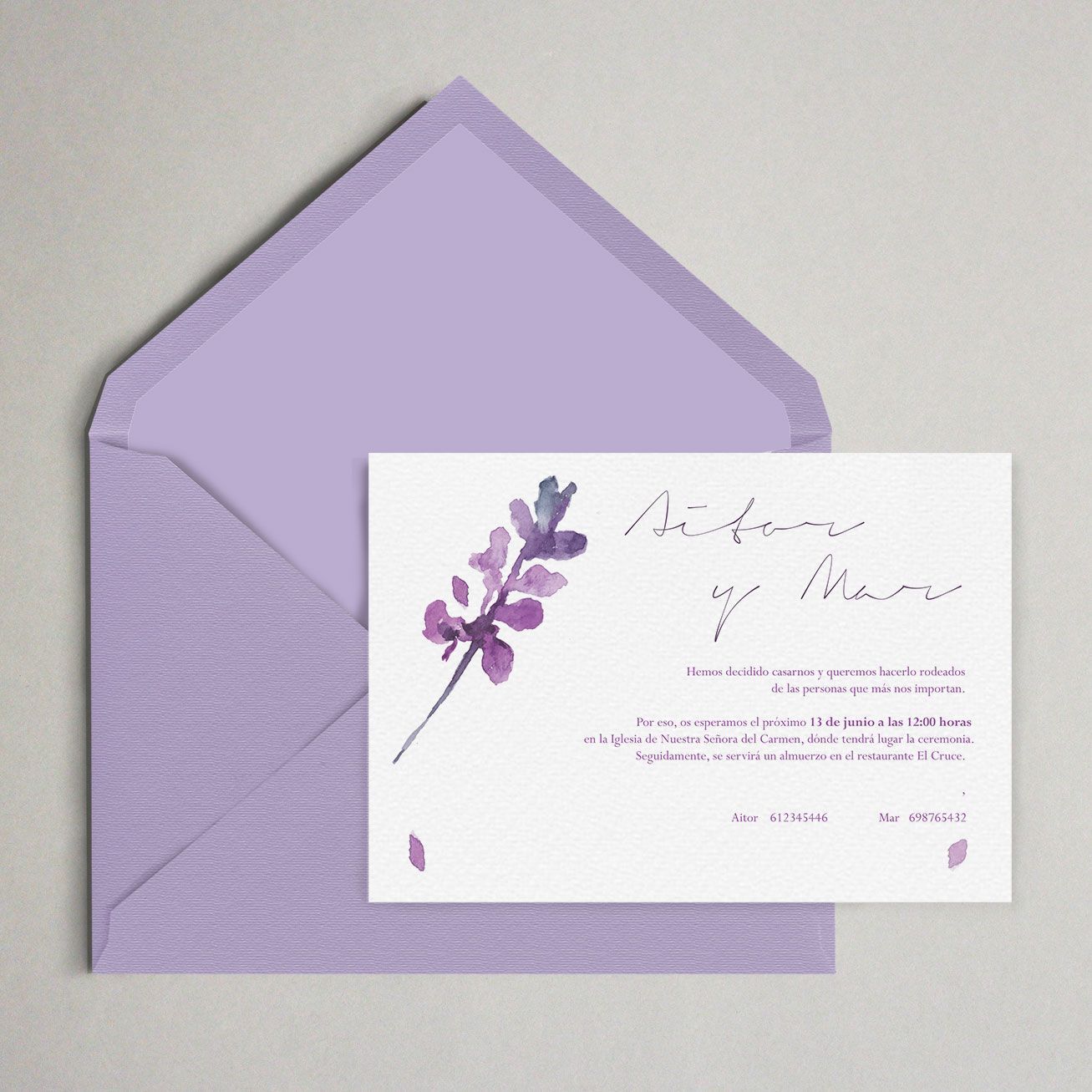 invitación boda lavanda flor desdibujada acuarela