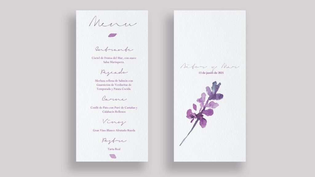 menu flor desdibujada morada boda