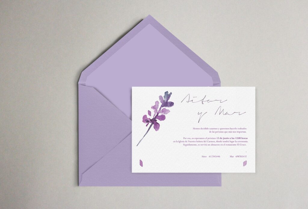 invitación boda lavanda flor desdibujada acuarela