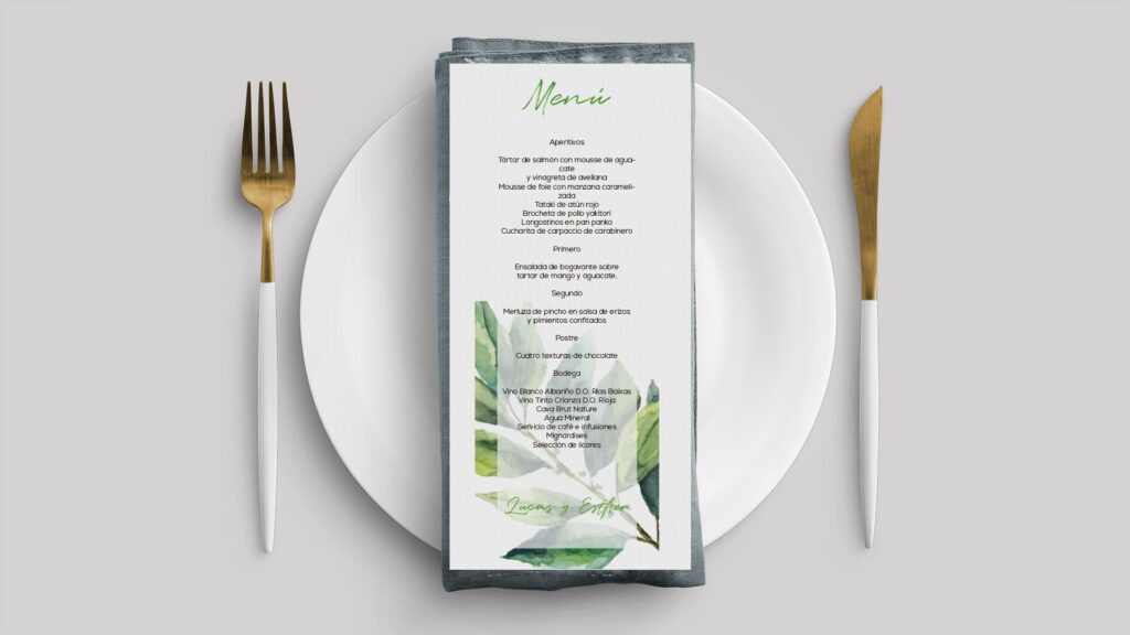 menu verde hoja invitación boda