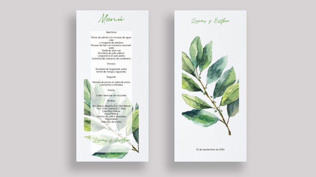 menu verde hoja invitación boda