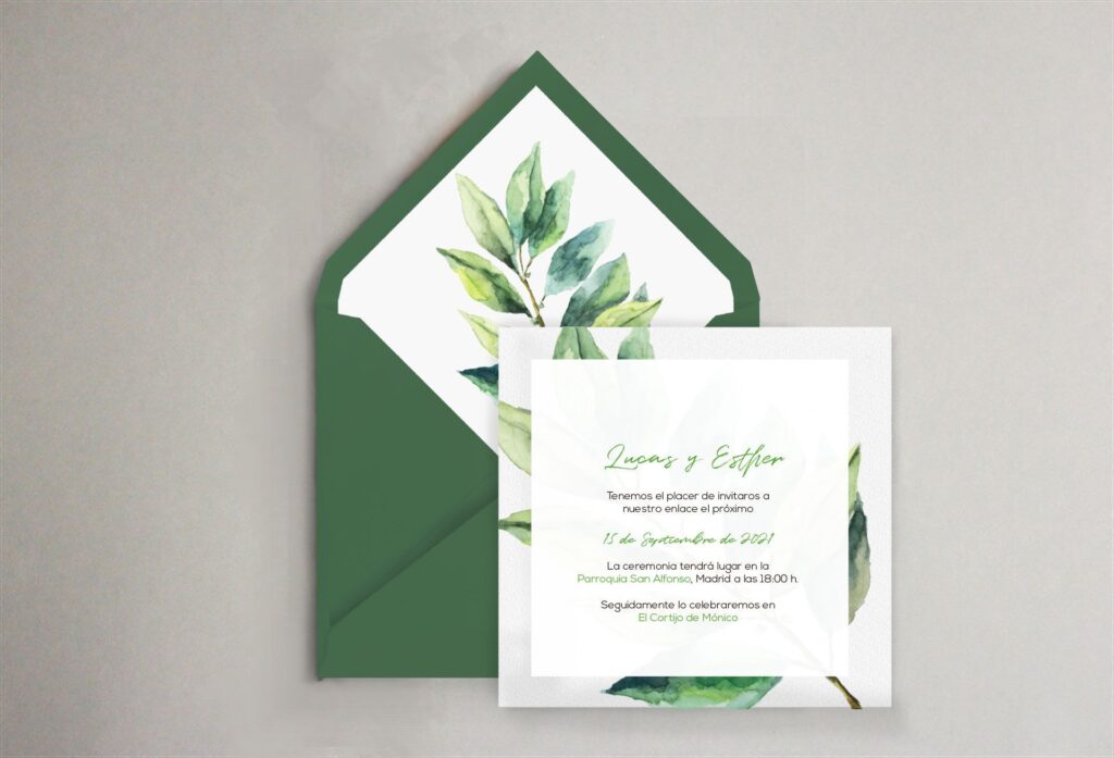 sobre verde hoja invitación boda
