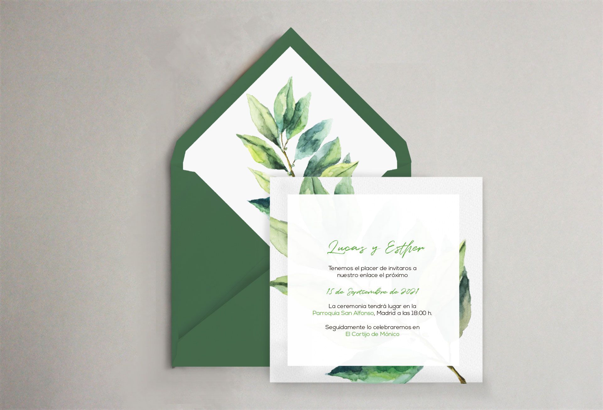 sobre verde hoja invitación boda