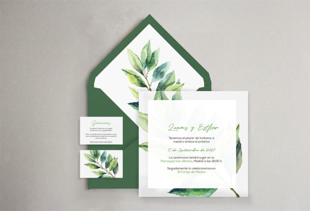 sobre verde hoja invitación boda