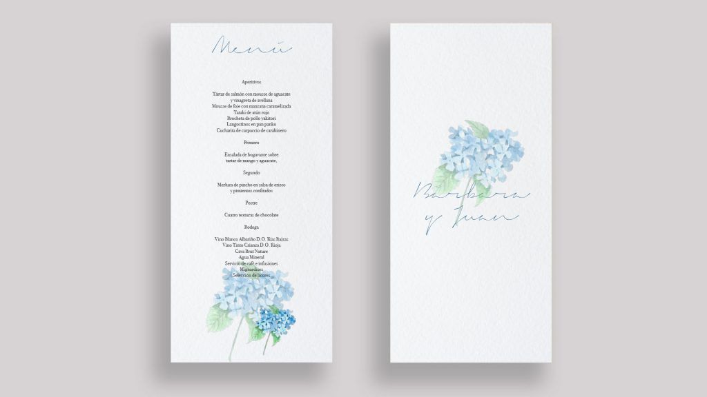 Menu minuta hortensia azul