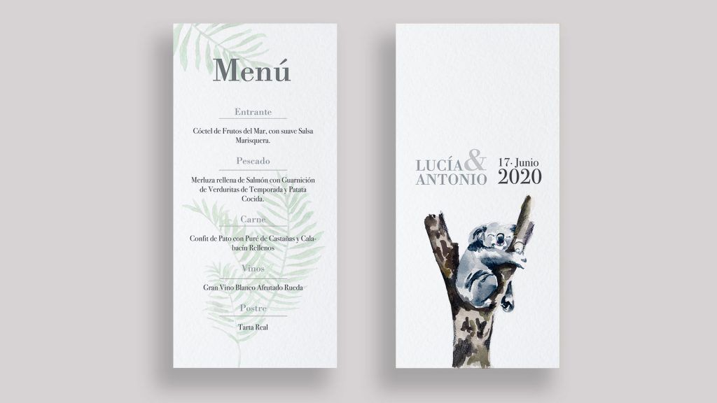 menu boda koala minuta acuarela