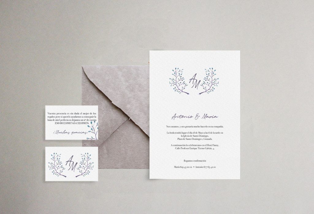 Invitación sobre artesanal hojas flores delicada boda