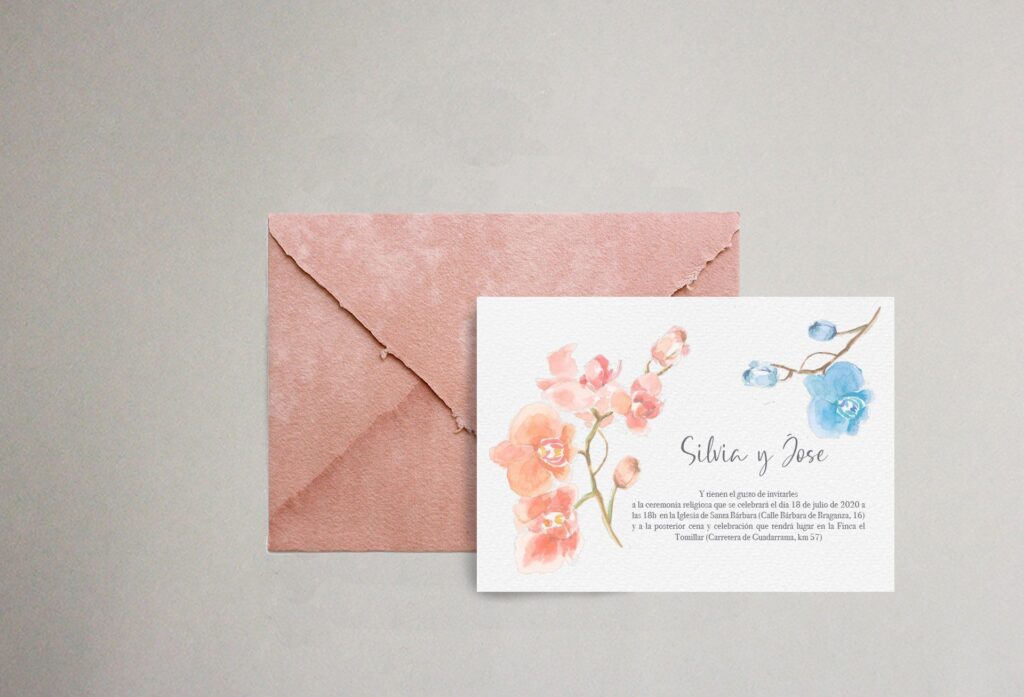 Invitacion de boda con acuarela de orquideas y sobre artesanal
