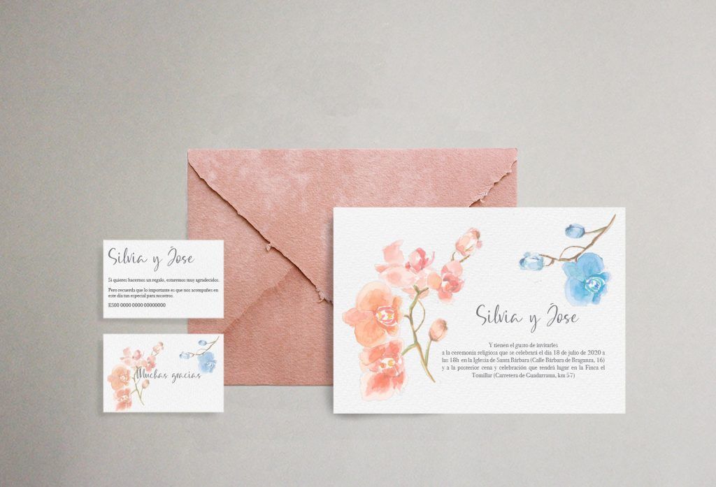 Invitacion de boda con acuarela de orquideas y sobre artesanal