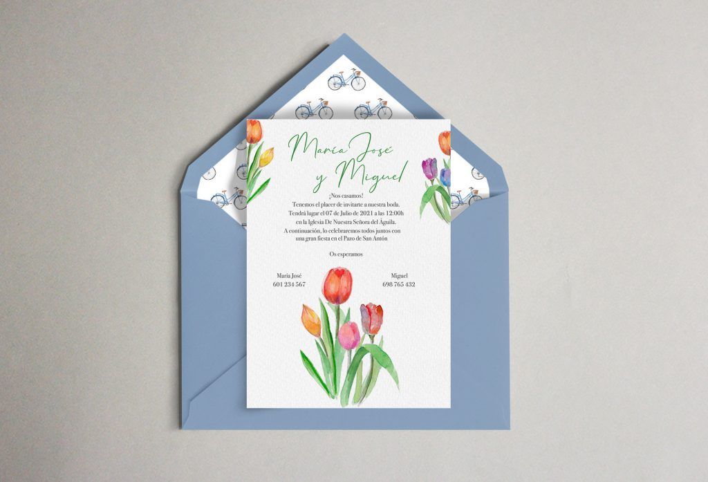 invitación tulipanes bicis sobre boda