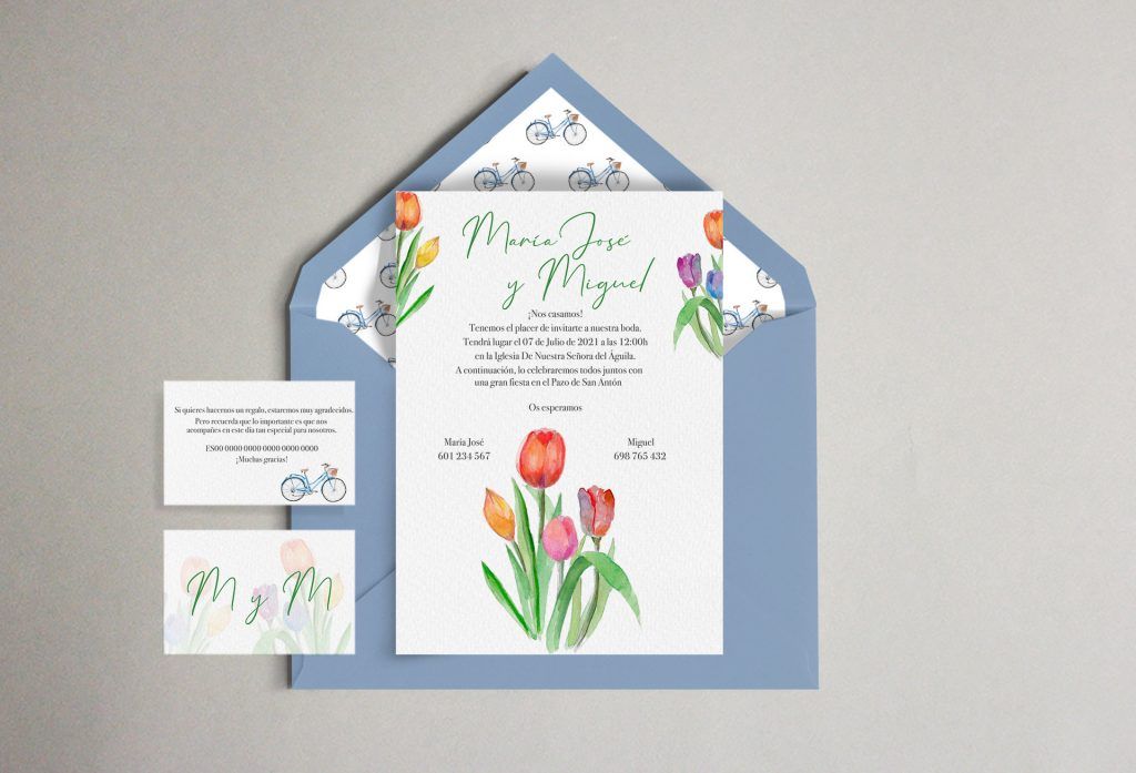 invitación tulipanes bicis sobre boda
