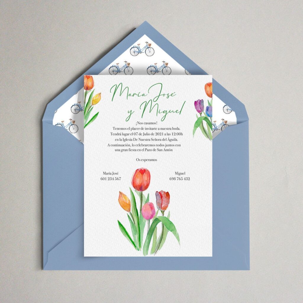 invitación tulipanes bicis sobre boda