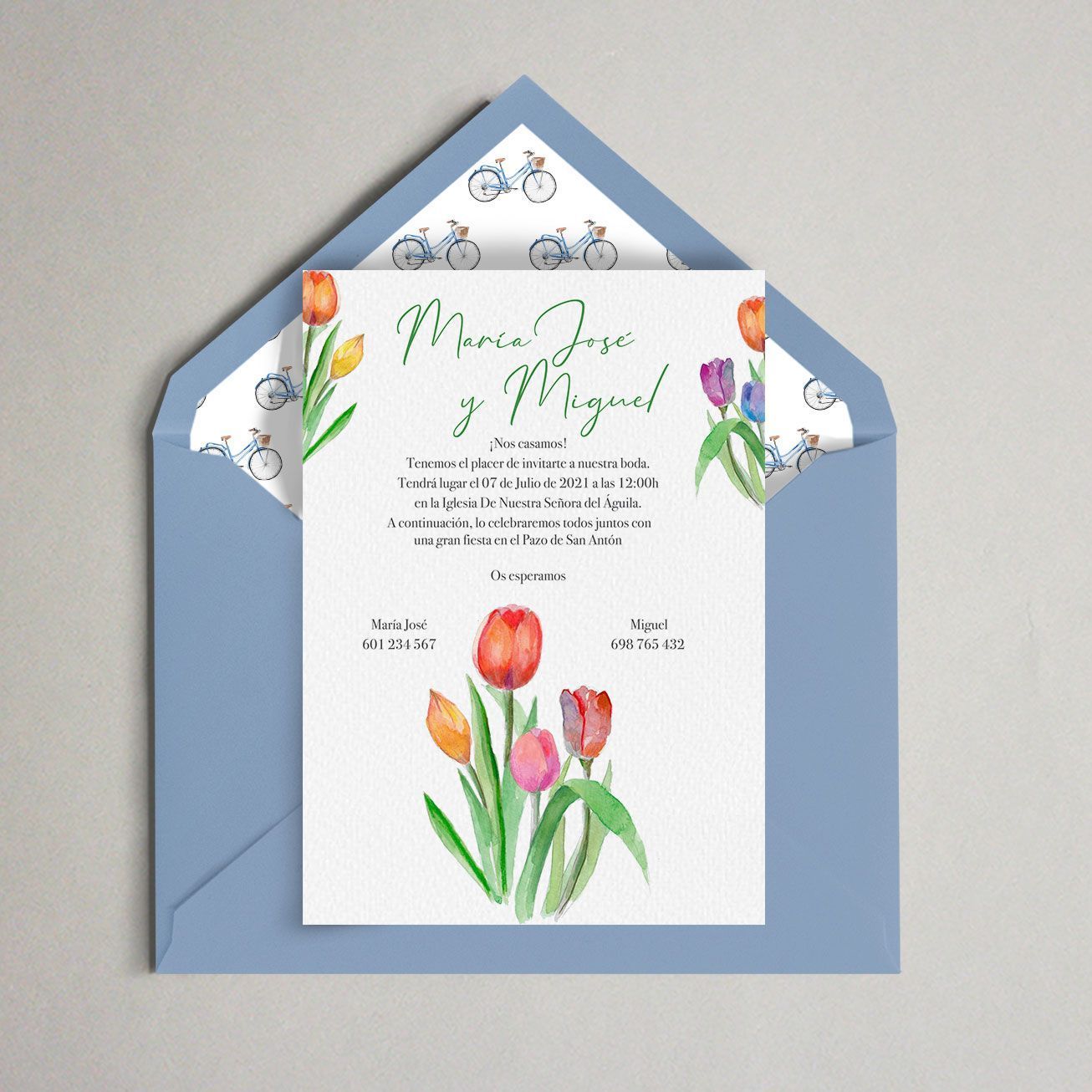 invitación tulipanes bicis sobre boda