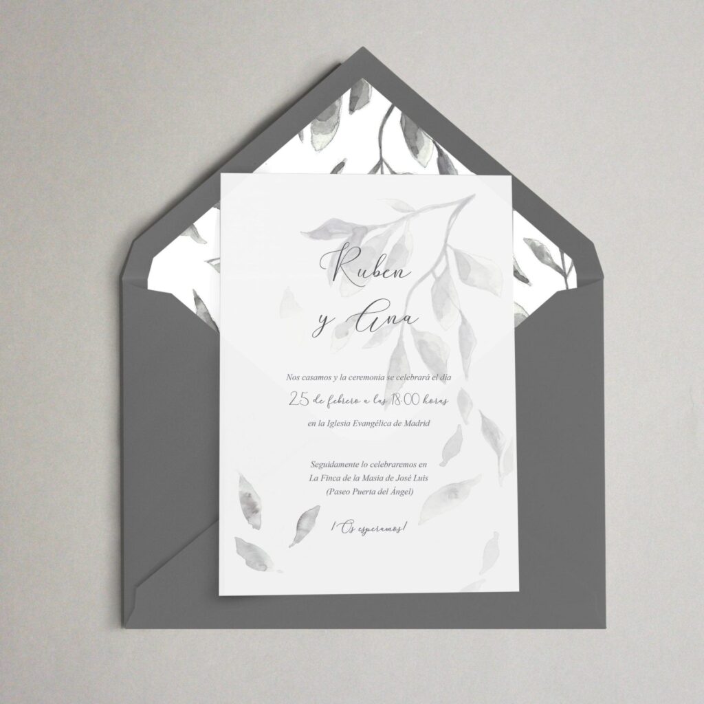 invitación de boda elegante acuarela de hojas grises
