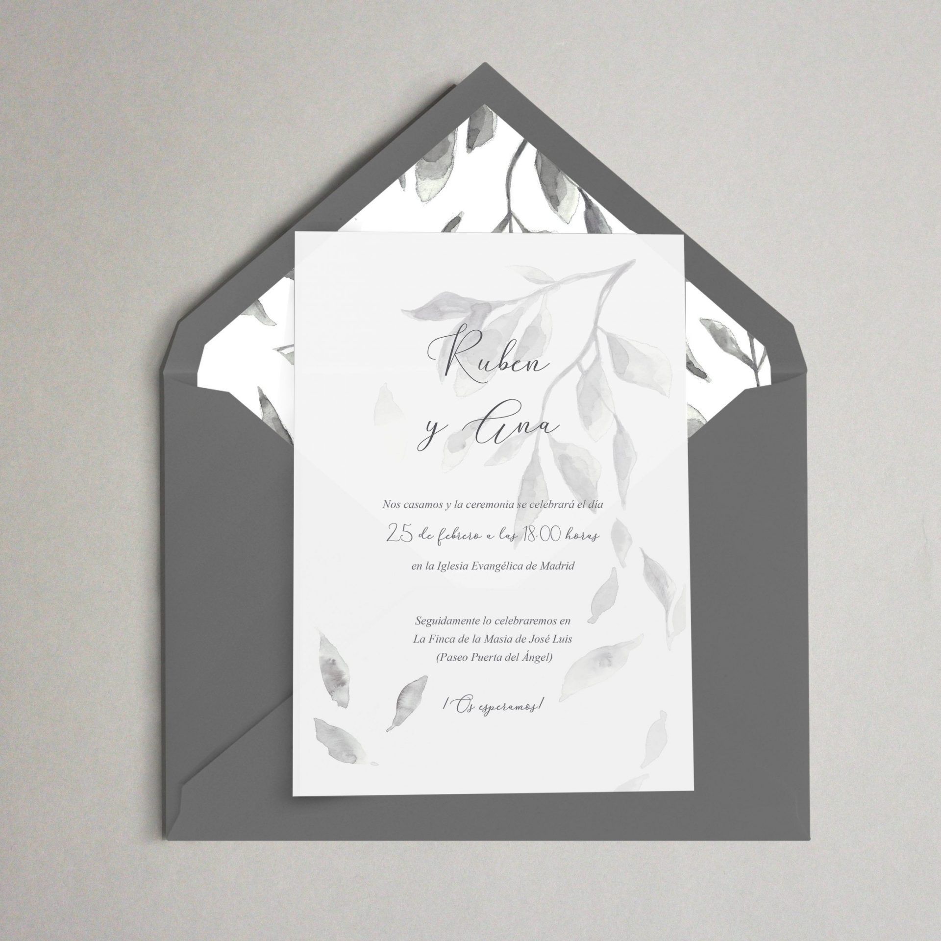 invitación de boda elegante acuarela de hojas grises