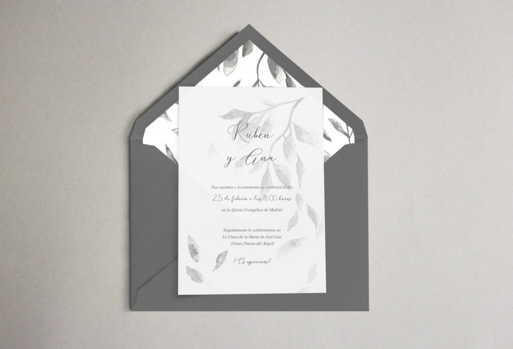 invitación de boda elegante acuarela de hojas grises