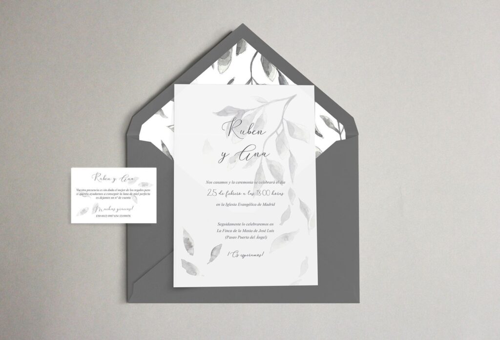 invitación de boda elegante acuarela de hojas grises