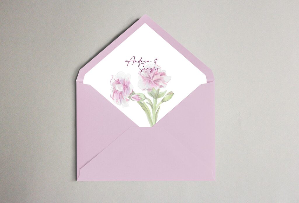 Invitación claveles flor boda sobre forrado