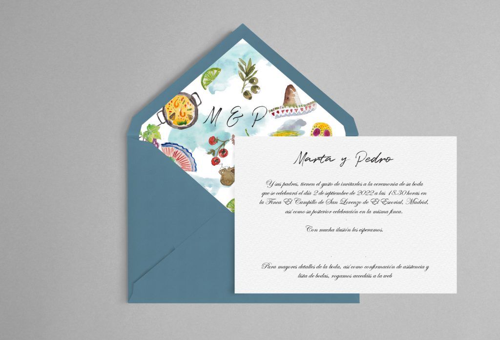 Invitación de boda personalizada con papelería artesanal y temática México españa