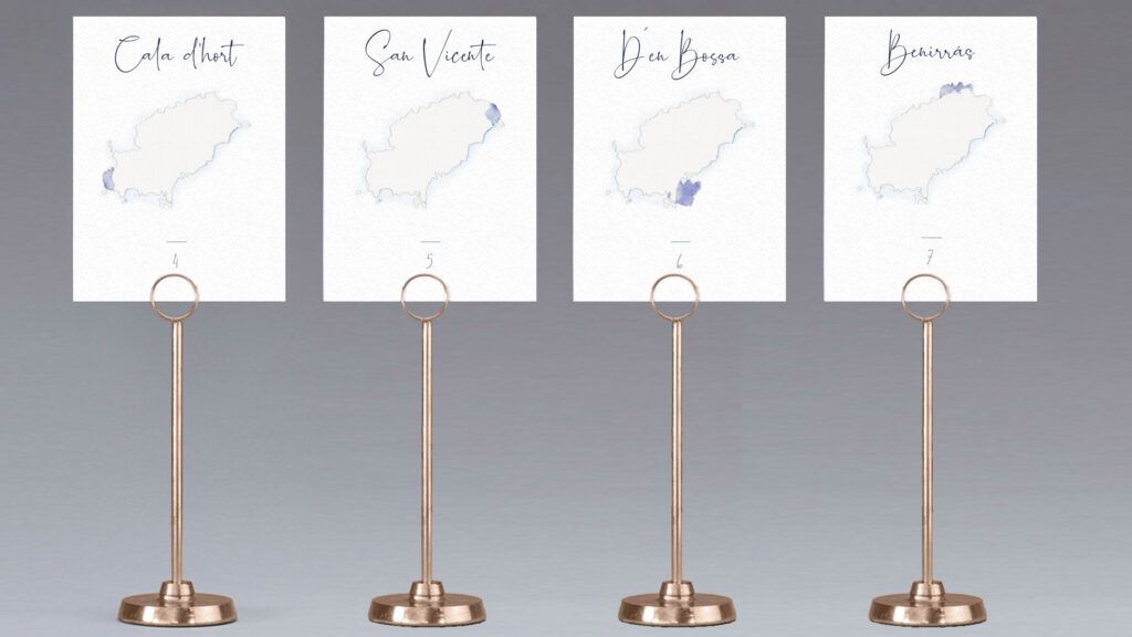 Meseros de boda personalizados con ilustración de islas y de calas