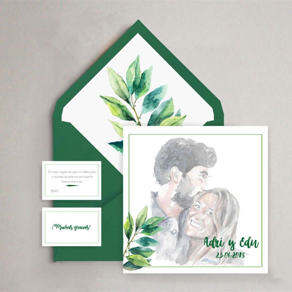 invitación verde personalizada original retrato acuarela